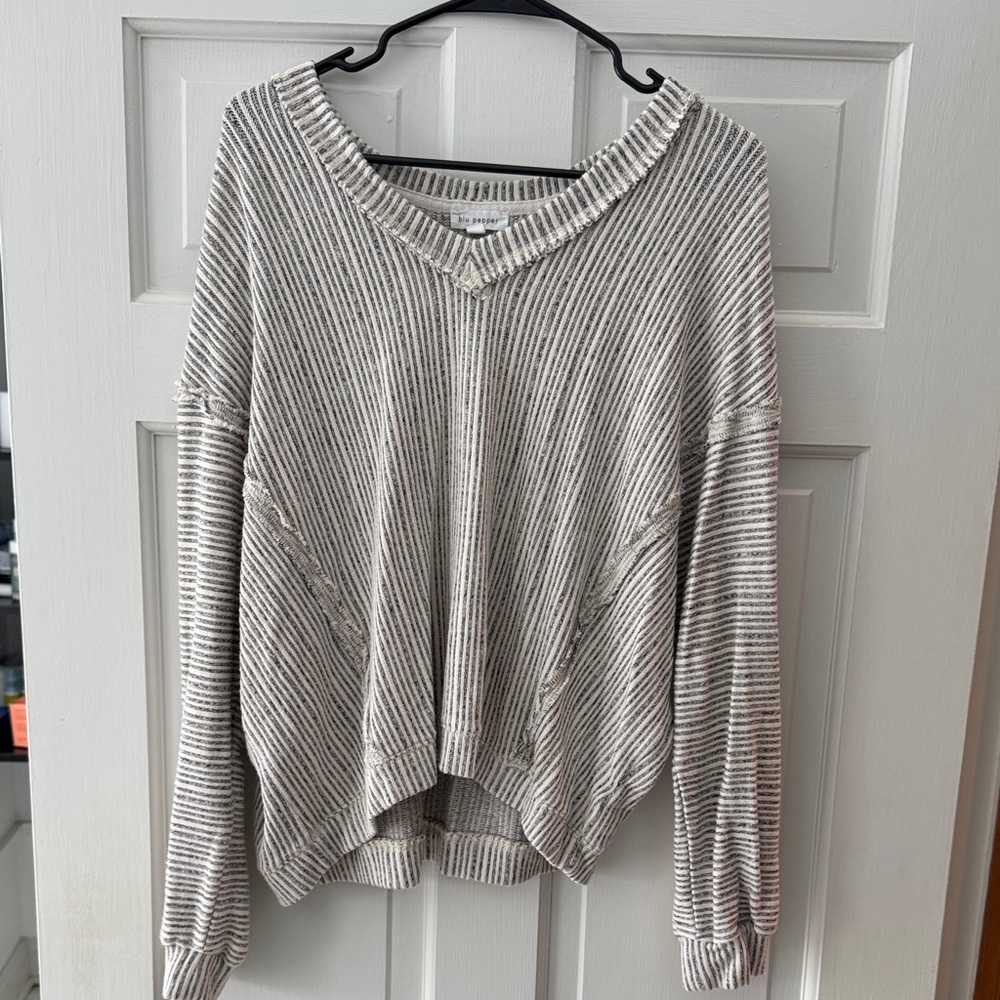 Blu Pepper V-Neck Striped Sweater - Cream and Gray